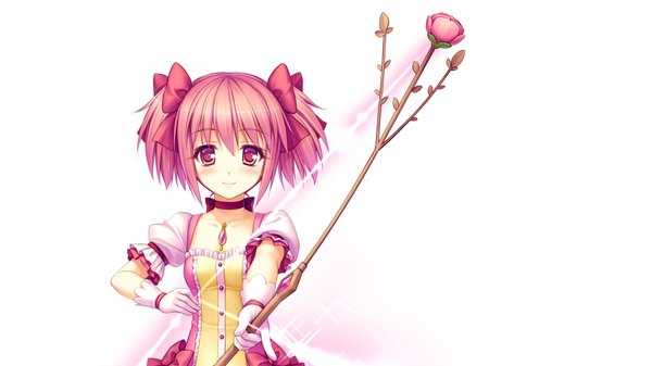 Anime picture 1920x1080 with mahou shoujo madoka magica shaft (studio) kaname madoka sayori single looking at viewer blush highres short hair simple background red eyes wide image white background pink hair girl dress gloves flower (flowers) bow hair bow