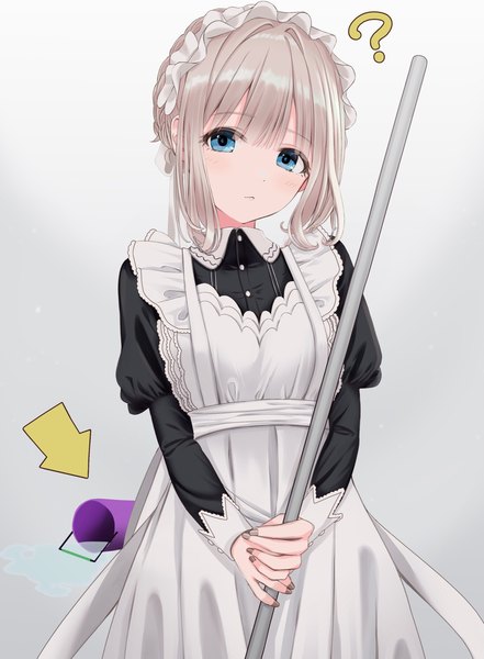 Anime picture 1505x2048 with idolmaster idolmaster shiny colors serizawa asahi ryouta (ryouta335) single tall image looking at viewer blush fringe short hair blue eyes simple background standing silver hair blunt bangs long sleeves nail polish maid puffy sleeves gradient background