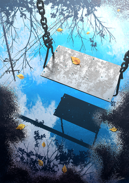 Anime picture 948x1341 with original vinci v7 tall image signed sky cloud (clouds) outdoors reflection no people scenic ripples plant (plants) tree (trees) water leaf (leaves) branch autumn leaves power lines swing pole