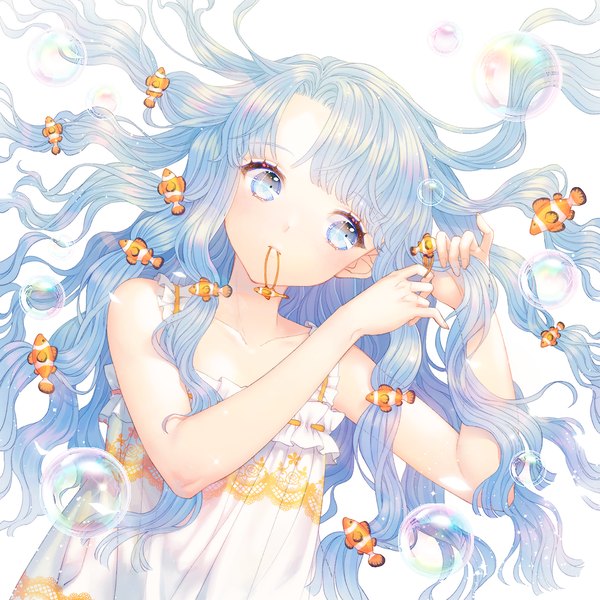 Anime picture 1000x1000 with original saban single long hair fringe blue eyes simple background white background bare shoulders holding blue hair looking away upper body sleeveless shiny skin floating hair mouth hold flat chest shiny tying hair