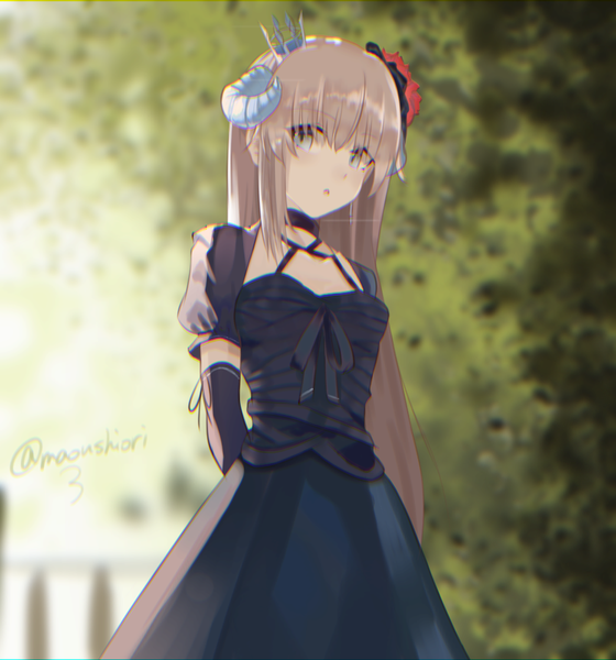 Anime picture 932x998 with virtual youtuber maoushiori3 single long hair tall image fringe open mouth brown hair standing signed looking away silver hair horn (horns) :o twitter username hands behind back hair over eyes girl dress hair ornament