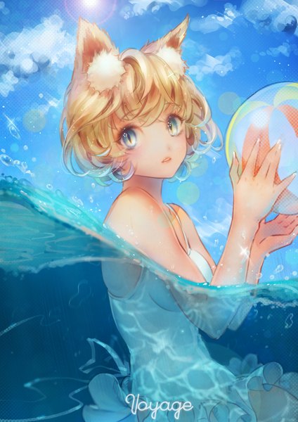Anime-Bild 2480x3508 mit original sai ichirou single tall image looking at viewer highres short hair blue eyes blonde hair holding animal ears sky cloud (clouds) parted lips sunlight cat ears sparkle cat girl lens flare underwater