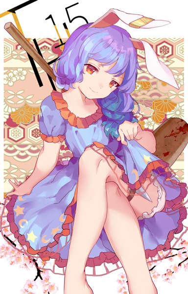Anime picture 576x900 with touhou legacy of lunatic kingdom seiran (touhou) hillly (maiwetea) single long hair tall image fringe smile red eyes sitting animal ears blue hair purple hair bent knee (knees) multicolored hair barefoot bare legs bunny ears no shoes