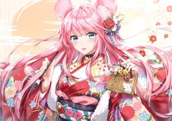 Anime picture 1684x1190 with original nu10040904 single long hair looking at viewer blush blue eyes holding animal ears pink hair upper body ahoge traditional clothes japanese clothes lipstick new year pink lipstick mouse ears girl hair ornament
