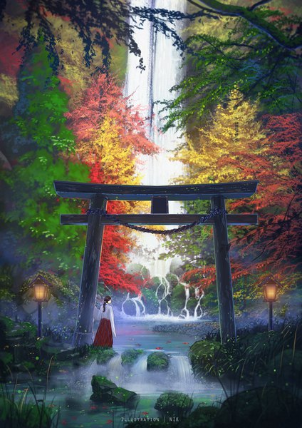 Anime picture 1200x1697 with original niko p single long hair tall image black hair standing signed full body outdoors traditional clothes japanese clothes watermark low ponytail miko scenic waterfall girl skirt plant (plants)