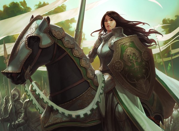 Anime picture 1200x876 with jason chan long hair brown hair black eyes realistic army girl animal armor spear flag shield horse