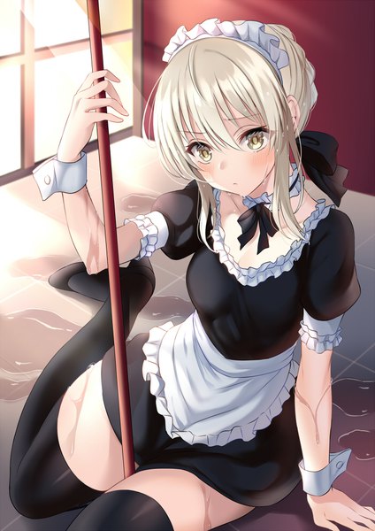 Anime picture 700x990 with fate (series) fate/stay night artoria pendragon (all) saber alter harimoji single long hair tall image looking at viewer blush fringe blonde hair hair between eyes sitting yellow eyes indoors sunlight arm support short sleeves maid
