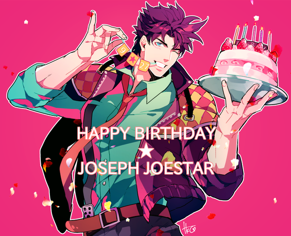 Anime picture 800x650 with jojo no kimyou na bouken joseph joestar (young) takashi (huzakenna) single looking at viewer short hair blue eyes simple background smile signed purple hair one eye closed wink open jacket teeth character names pink background happy birthday twisty sleeves boy