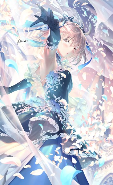 Anime picture 750x1225 with fate (series) fate/grand order okita souji (fate) (all) okita souji (koha-ace) kousaki rui single tall image looking at viewer blush fringe short hair breasts open mouth blonde hair hair between eyes standing signed yellow eyes sky cloud (clouds)