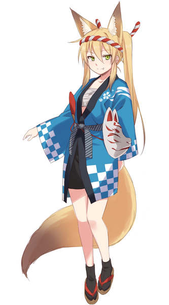 Anime picture 500x900 with original tamakagura inari yagi (ningen) single long hair tall image looking at viewer blush fringe simple background blonde hair hair between eyes standing white background twintails green eyes animal ears payot full body tail
