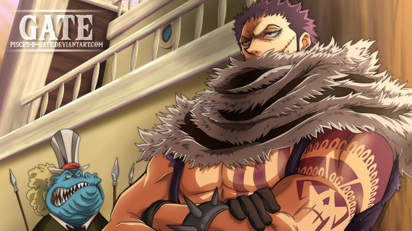 Anime picture 2560x1440 with one piece toei animation charlotte katakuri pisces-d-gate single highres short hair wide image sitting signed looking away upper body red hair open jacket teeth tattoo fur trim coloring scar crossed arms