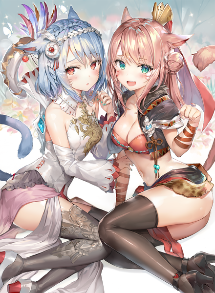 Anime picture 979x1336 with final fantasy final fantasy xiv square enix miqo'te white mage momoko (momopoco) long hair tall image looking at viewer blush fringe short hair breasts open mouth light erotic hair between eyes red eyes large breasts sitting bare shoulders