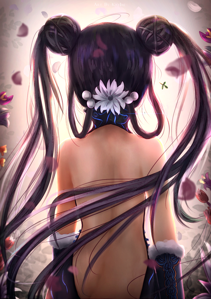 Anime picture 1224x1736 with fate (series) fate/grand order yang guifei (fate) kayjae single long hair tall image light erotic twintails purple hair traditional clothes hair flower from behind hair bun (hair buns) fur trim floating hair back chinese clothes bare back hair rings