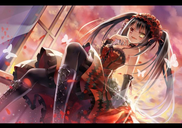 Anime picture 4960x3507 with date a live tokisaki kurumi jiji (381134808) single long hair looking at viewer blush highres black hair twintails absurdres heterochromia finger to mouth uneven twintails girl thighhighs dress black thighhighs detached sleeves petals
