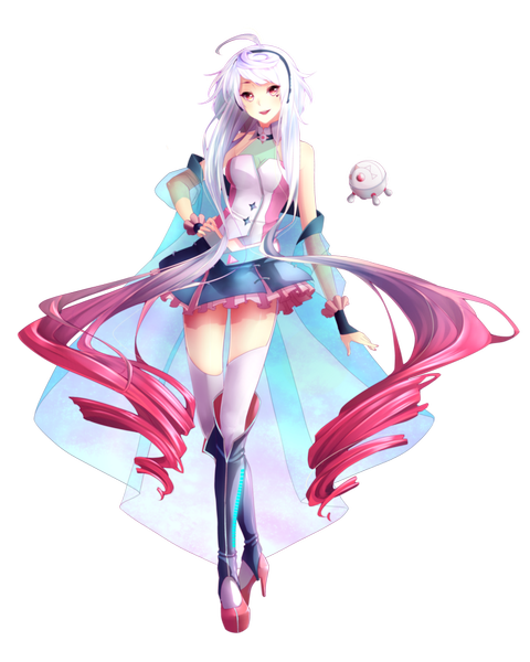Anime picture 800x1000 with vocaloid maika noririn-hayashi single tall image fringe breasts open mouth smile very long hair nail polish multicolored hair two-tone hair midriff high heels hand on hip transparent background girl thighhighs skirt