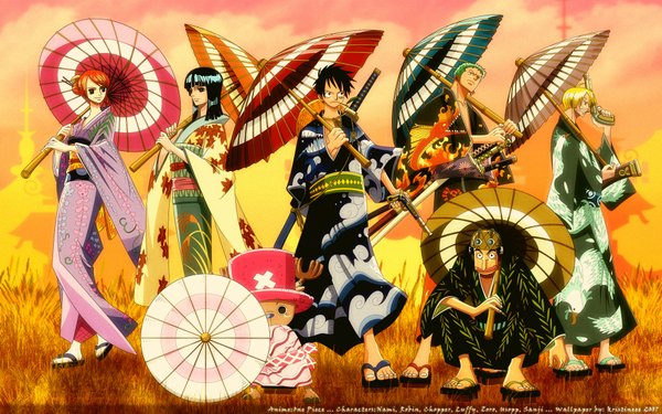 Anime picture 1920x1200 with one piece toei animation nami (one piece) monkey d. luffy nico robin roronoa zoro sanji tony tony chopper usopp tagme (artist) long hair looking at viewer fringe highres short hair black hair blonde hair smile wide image standing