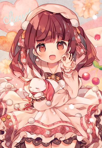 Anime picture 700x1010 with idolmaster idolmaster cinderella girls ogata chieri ana (rznuscrf) single long hair tall image looking at viewer blush fringe open mouth brown hair twintails brown eyes blunt bangs :d ok sign girl dress ribbon (ribbons)