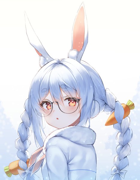 Anime picture 2800x3600 with virtual youtuber hololive usada pekora ijac ray single long hair tall image looking at viewer blush fringe highres hair between eyes red eyes animal ears silver hair braid (braids) looking back bunny ears twin braids symbol-shaped pupils