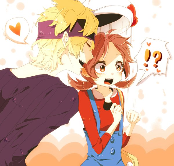 Anime picture 1000x950 with pokemon pokemon heartgold and soulsilver nintendo lyra (pokemon) morty (pokemon) tagme (artist) long hair blush short hair open mouth brown hair twintails brown eyes eyes closed short twintails !? girl boy hat heart