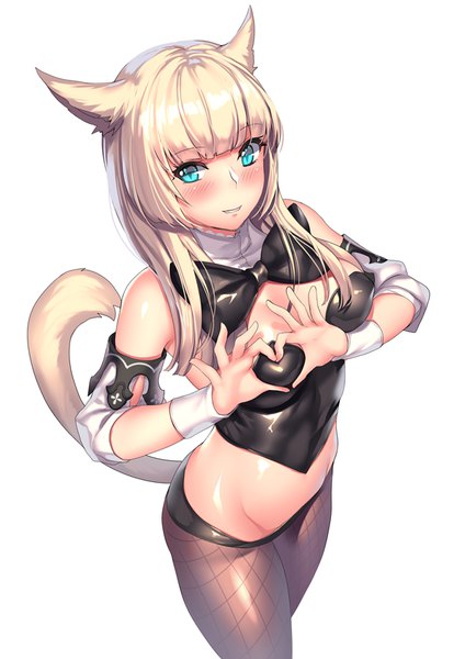 Anime picture 601x850 with final fantasy final fantasy xiv square enix miqo'te aruma jiki single long hair tall image looking at viewer blush fringe breasts light erotic simple background blonde hair standing white background animal ears cleavage tail