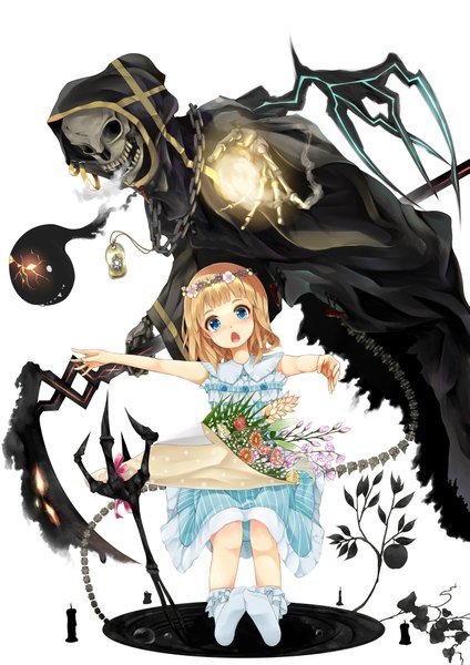Anime picture 2893x4092 with original ilis (artist) tall image looking at viewer blush highres short hair open mouth blue eyes blonde hair white background girl dress flower (flowers) socks white socks chain bouquet skull wreath