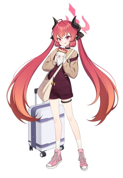 Anime picture 2937x4245 with blue archive converse junko (blue archive) child (isoliya) single tall image fringe highres simple background hair between eyes standing white background twintails payot full body ahoge red hair very long hair pink eyes horn (horns)