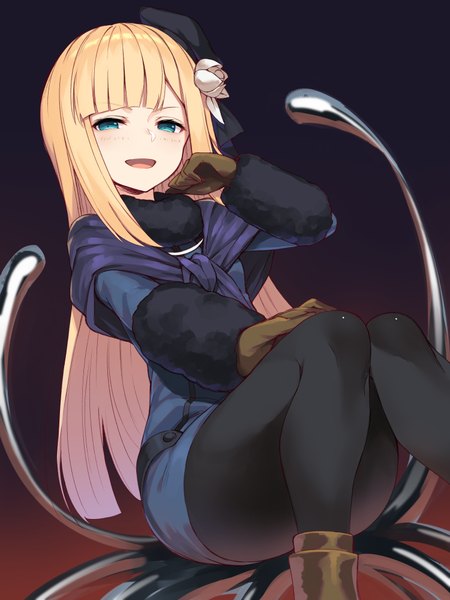 Anime picture 1500x2000 with fate (series) lord el-melloi ii case files reines el-melloi archisorte yuuuuu single long hair tall image looking at viewer blush fringe open mouth blue eyes simple background blonde hair smile sitting blunt bangs :d arm up hair flower