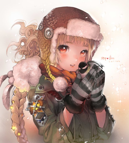 Anime picture 1573x1748 with original kawacy single long hair tall image blush simple background blonde hair red eyes holding braid (braids) sparkle fur trim single braid symbol-shaped pupils snowing bird on hand girl gloves animal