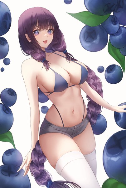 Anime picture 1500x2230 with original ame 816 single long hair tall image looking at viewer fringe breasts open mouth light erotic simple background smile large breasts standing white background purple eyes payot purple hair braid (braids) :d
