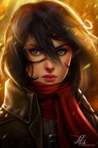 Anime picture 1000x1500 with shingeki no kyojin production i.g mikasa ackerman klsteeleart kathryn lee steele single tall image looking at viewer short hair open mouth blue eyes hair between eyes signed wind lips blurry realistic lipstick gradient background watermark