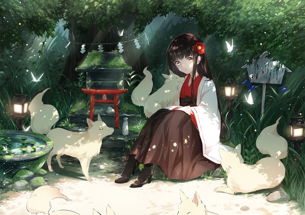 Anime picture 2500x1765 with original sena tea29 single looking at viewer highres black hair sitting brown eyes full body outdoors traditional clothes japanese clothes hair flower high heels shaded face girl flower (flowers) plant (plants) animal tree (trees)