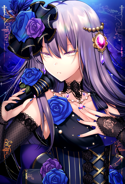 Anime picture 1200x1758 with bang dream! minato yukina ponita single long hair tall image looking at viewer fringe breasts hair between eyes bare shoulders cleavage silver hair upper body nail polish parted lips floral print hand on chest blue background striped