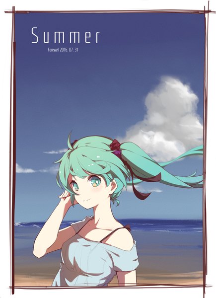 Anime picture 1240x1712 with vocaloid hatsune miku zhayin-san single long hair tall image looking at viewer breasts smile twintails bare shoulders sky cloud (clouds) upper body ahoge outdoors aqua eyes wind off shoulder aqua hair