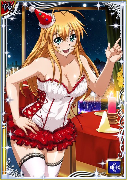 Anime picture 567x800 with ikkitousen sonsaku hakufu single long hair tall image looking at viewer blush fringe open mouth light erotic blonde hair smile hair between eyes standing bare shoulders green eyes payot cleavage ahoge arm up
