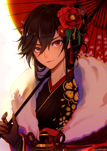 Anime picture 620x874 with fate (series) fate/grand order oda nobunaga (fate) (all) oda nobunaga (fate) marchab 66 single tall image looking at viewer blush fringe short hair simple background hair between eyes red eyes brown hair white background holding signed upper body traditional clothes