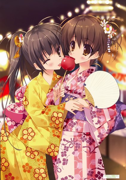 Anime picture 3000x4268 with tsurusaki takahiro long hair tall image blush highres short hair black hair brown hair multiple girls brown eyes ponytail traditional clothes japanese clothes one eye closed wink scan girl hair ornament 2 girls food