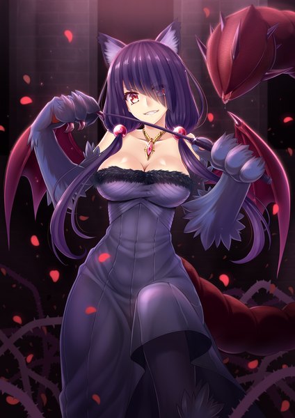 Anime picture 1447x2047 with monster girl encyclopedia manticore (monster girl encyclopedia) butter-t single long hair tall image looking at viewer breasts light erotic red eyes animal ears purple hair tail monster girl girl dress petals wings pendant