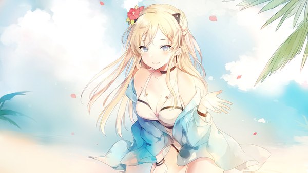 Anime picture 1500x847 with girls frontline k5 (girls frontline) lpip single long hair looking at viewer blush fringe breasts blue eyes light erotic blonde hair wide image standing bare shoulders cleavage outdoors hair flower off shoulder open jacket