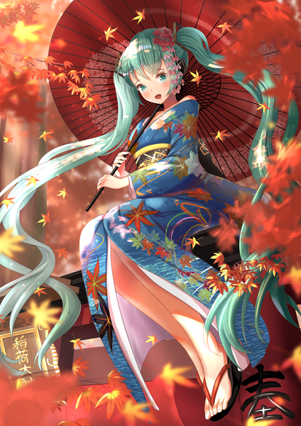 Anime picture 2894x4093 with vocaloid hatsune miku wander00317 (akihirotanisi) single tall image looking at viewer blush fringe highres open mouth smile hair between eyes sitting twintails bare shoulders holding outdoors very long hair traditional clothes :d
