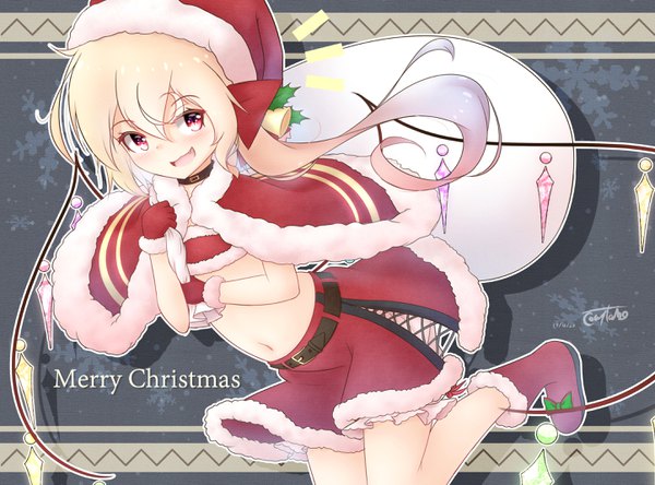 Anime picture 2888x2139 with touhou flandre scarlet coreytaiyo single long hair looking at viewer fringe highres open mouth blonde hair smile hair between eyes red eyes bare belly midriff fur trim christmas side slit merry christmas outline