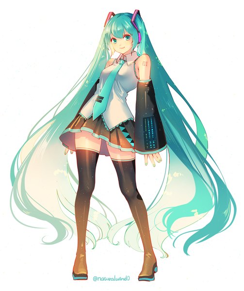 Anime picture 1000x1193 with vocaloid hatsune miku natural wind single tall image fringe simple background hair between eyes standing white background twintails signed full body very long hair aqua eyes aqua hair twitter username vocaloid boxart pose girl detached sleeves