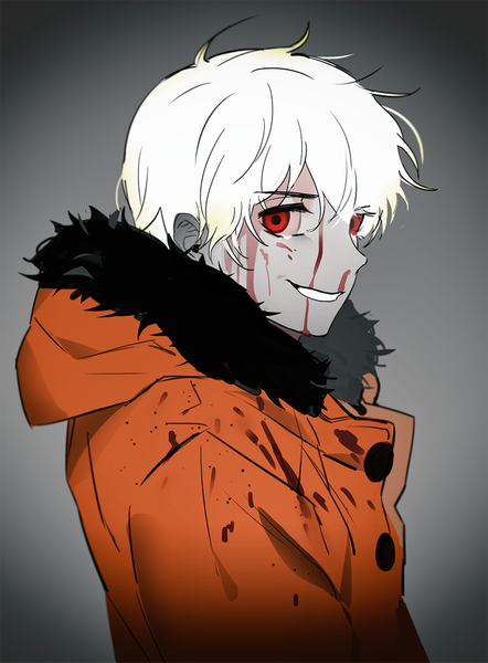 Anime picture 900x1220 with south park kenny mccormick poti single tall image looking at viewer short hair simple background red eyes upper body white hair grey background fur trim blood on face bloody clothes grey skin boy jacket fur hood