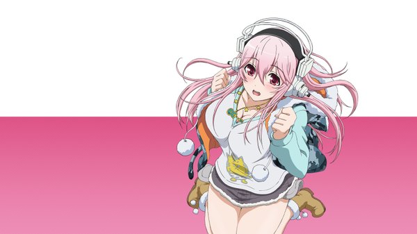 Anime picture 1600x900 with nitroplus super sonico single long hair looking at viewer blush open mouth wide image pink hair pink eyes open clothes open jacket girl skirt jacket boots headphones