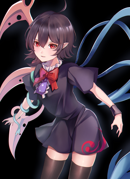 Anime picture 2031x2785 with touhou houjuu nue koizumo single tall image fringe highres short hair black hair simple background hair between eyes red eyes looking away ahoge pointy ears zettai ryouiki black background asymmetrical wings girl thighhighs