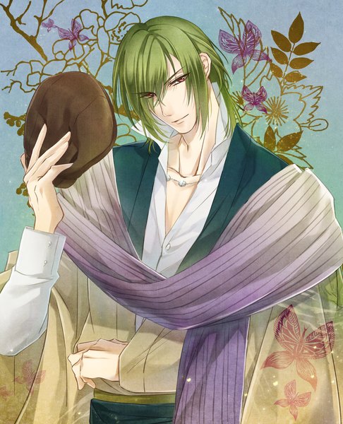 Anime picture 1319x1628 with harukanaru toki no naka de harukanaru toki no naka de 6 satoya murasame kanyamerian single long hair tall image fringe red eyes upper body traditional clothes head tilt japanese clothes green hair hair over one eye hat removed headwear removed floral background boy hat