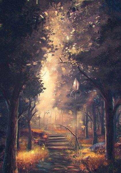 Anime picture 1400x2000 with original sylar113 tall image outdoors sunlight no people sunbeam plant (plants) tree (trees) forest lantern stairs stone (stones) bridge lamppost path