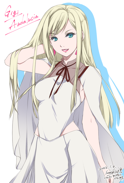 Anime picture 1378x2039 with mobile suit gundam gundam hathaway's flash sunrise (studio) gigi andalusia sono kichi single long hair tall image simple background blonde hair smile white background signed aqua eyes shadow character names lipstick adjusting hair dated pink lipstick