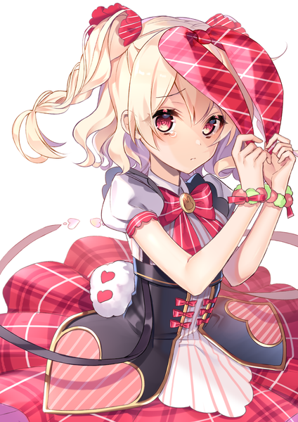 Anime picture 2121x3000 with original tyanotya single tall image fringe highres short hair simple background blonde hair hair between eyes red eyes white background two side up puffy sleeves plaid girl bow hair bow bowtie teardrop