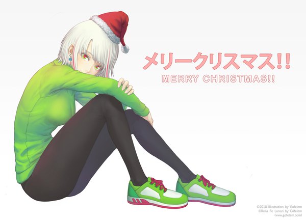 Anime picture 1498x1080 with original marfrey single looking at viewer fringe short hair simple background smile red eyes sitting green eyes signed full body white hair gradient background christmas multicolored eyes merry christmas 2018 girl