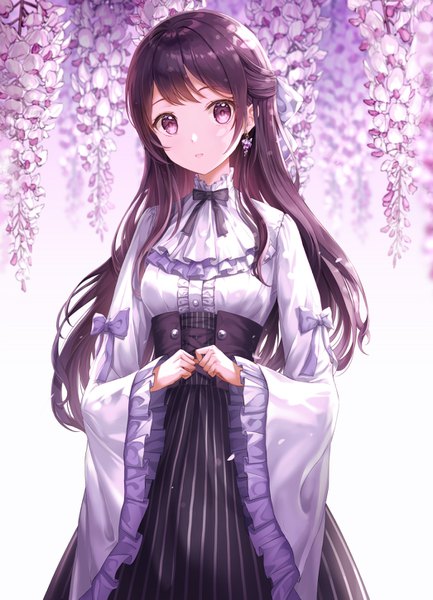 Anime-Bild 1046x1449 mit original lunacle single long hair tall image looking at viewer blush fringe open mouth simple background standing white background purple eyes payot purple hair head tilt wide sleeves striped half updo girl